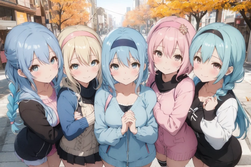 Modern city,Fluffy hair,Light blue hair,Blonde,Light pink hair,Headband,Braid,Autumn outfit,Short clothing that shows the buttocks,The sleeves of the dress are a little long,I can see a little cleavage,Moe sleeves,Date,Several people hugging each other,Embrace,watching each others eyes,Facing each other,blush with embarrassment,Happy expression,Hand in hand,Arms crossed,Flirting with a close-knit body