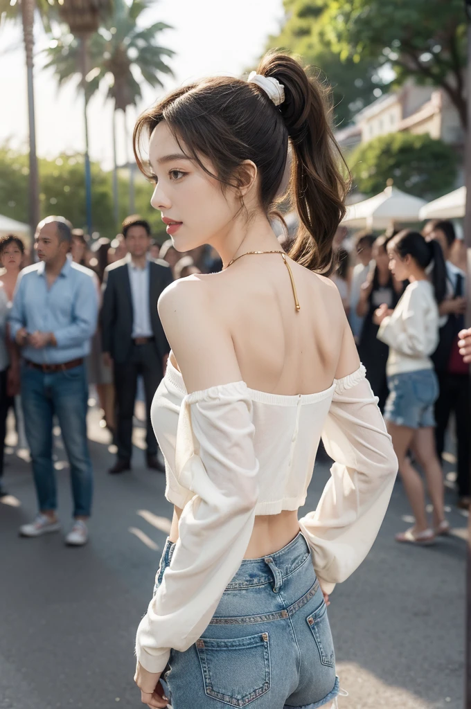 (((best quality))),(((ultra detailed))),(((masterpiece))),illustration,((1 beautiful girl,solo)),((slim,thin)),((shoulder off,strapless,bare back,towering hips,butt crack)), outside school gate, summer twilight, sunlight,(short ponytail:1.3),((white long-sleeved shirt)),(clavicalis:1.3),((denim shorts,slender legs)),animated face, excited eyes, sounds of laughter, chatter, excitement of summer vacation, air filled with energy, school gate golden glow, symbol of end of academic year, schoolyard transformed, reunion, farewells, embracing setting sun, face illuminated, moment captured, fleeting instant, essence of summer, carefree spirit, youthful exuberance, embodiment of season, sun dips, rosy glow, joy of living,promise of adventures,((standing,from back,upper body)),(surrounded by crowded crowds:1.3)