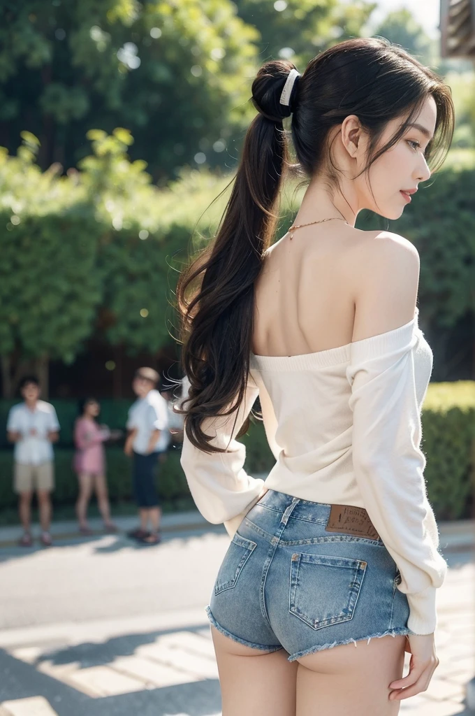 (((best quality))),(((ultra detailed))),(((masterpiece))),illustration,((1 beautiful girl,solo)),((slim,thin)),((shoulder off,strapless,bare back,towering hips,butt crack)), outside school gate, summer twilight, sunlight,(short ponytail:1.3),((white long-sleeved shirt)),(clavicalis:1.3),((denim shorts,slender legs)),animated face, excited eyes, sounds of laughter, chatter, excitement of summer vacation, air filled with energy, school gate golden glow, symbol of end of academic year, schoolyard transformed, reunion, farewells, embracing setting sun, face illuminated, moment captured, fleeting instant, essence of summer, carefree spirit, youthful exuberance, embodiment of season, sun dips, rosy glow, joy of living,promise of adventures,((standing,from back,upper body)),(surrounded by crowded crowds:1.3)