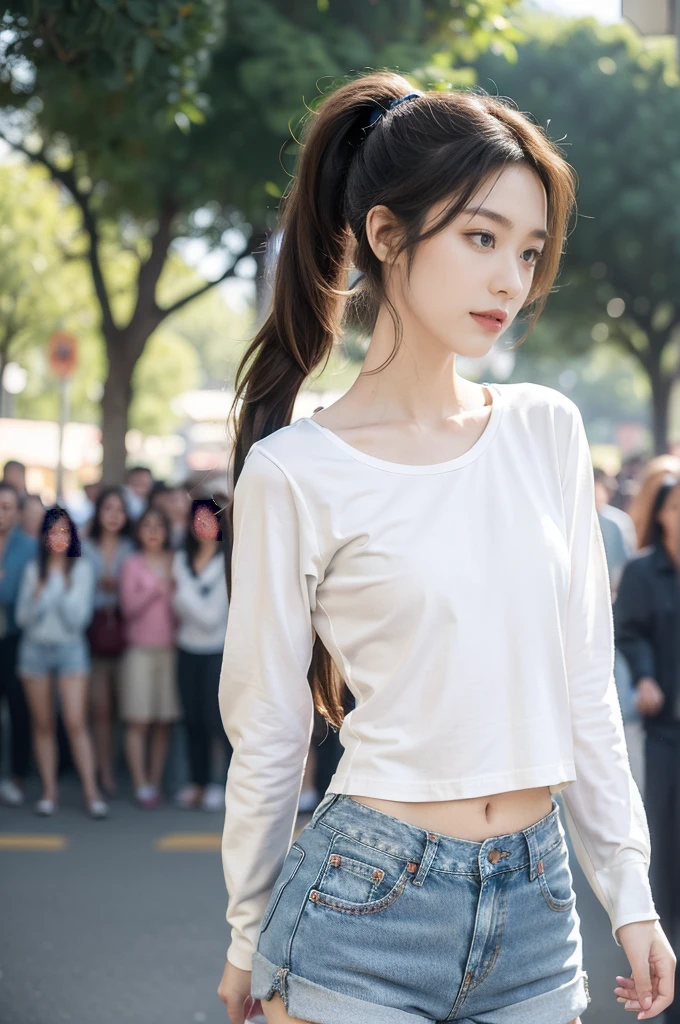 (((best quality))),(((ultra detailed))),(((masterpiece))),illustration,((1 beautiful girl,solo)),((slim,thin)),((small breasts,flat chest)), outside school gate, summer twilight, sunlight,(short ponytail:1.3),((white long-sleeved shirt)),(clavicalis:1.3),((denim shorts,slender legs)),animated face, excited eyes, sounds of laughter, chatter, excitement of summer vacation, air filled with energy, school gate golden glow, symbol of end of academic year, schoolyard transformed, reunion, farewells, embracing setting sun, face illuminated, moment captured, fleeting instant, essence of summer, carefree spirit, youthful exuberance, embodiment of season, sun dips, rosy glow, joy of living,promise of adventures,((standing,from front,upper body)),(surrounded by crowded crowds:1.3)