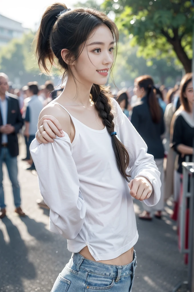 (((best quality))),(((ultra detailed))),(((masterpiece))),illustration,((1 beautiful girl,solo)),((slim,thin)),((small breasts,flat chest)), outside school gate, summer twilight, sunlight,(short ponytail:1.3),((white long-sleeved shirt)),(clavicalis:1.3),((denim shorts,slender legs)),animated face, excited eyes, sounds of laughter, chatter, excitement of summer vacation, air filled with energy, school gate golden glow, symbol of end of academic year, schoolyard transformed, reunion, farewells, embracing setting sun, face illuminated, moment captured, fleeting instant, essence of summer, carefree spirit, youthful exuberance, embodiment of season, sun dips, rosy glow, joy of living,promise of adventures,((standing,from front,upper body)),(surrounded by crowded crowds:1.3)