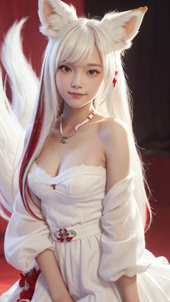 masterpiece, highest quality ,Full body photo、 Awareness-raising,1 perfect portrait of a girl, A fascinating eye for perfect detail, Colorful Hair, (red+White and soft hair:1.6), (White Fox Ears:1.3), Fantasy red background, {Sexy exposed bare shoulders} ,{Long-term alienation_sleeve}, {Lean forward slightly}, If you look up, hair ornaments, {shy },Please keep your mouth shut, Tilt your head, Cinema Lighting, Larger clothes, ((Seductive pose)), smile