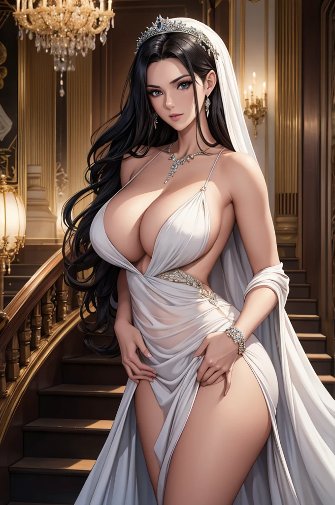 long shot, A beautiful 30 years old woman with gorgeous face, west European beauty, white skin, massive breasts, standing in front of the stairway of a luxury mansion, looking back at the camera, wearing a beautiful shimmery long gown, cleavage, long shiny black hair, bright lighting, highly detailed, 8k, masterpiece