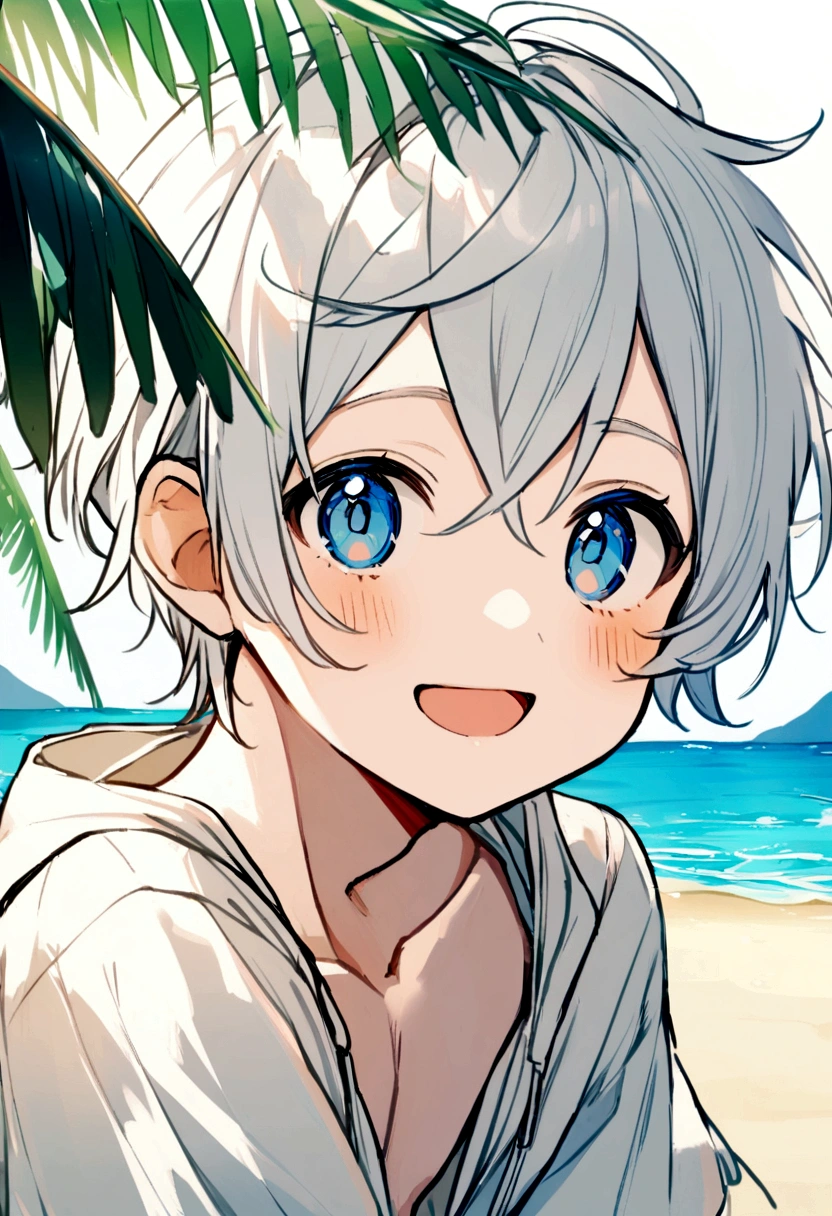 1 boy, white hair, Cute face, Enjoying the summer beach