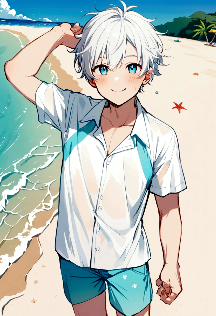 1 boy, white hair, Cute face, Enjoying the summer beach