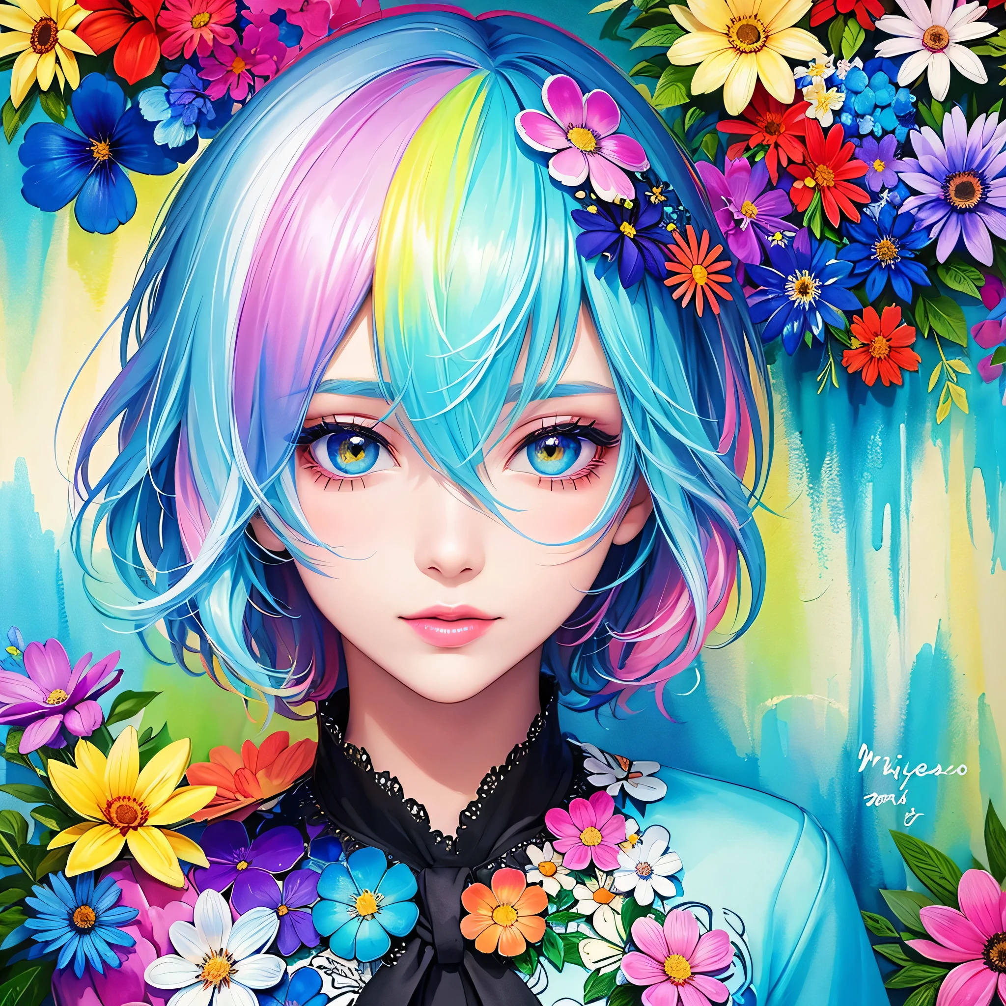 Mika Pikazo Style、(((stylish fashion))), 8K Quality、Intense watercolor, Detailed watercolor art, Watercolor splash, Surreal, avant-garde pop art, Beautiful and expressive paintings, Beautiful artwork illustration, Very colorful tones, wonderful, Cool beauty, highest quality、Official Art, Vector art, Stylish design, (((The most beautiful girl))), Lips in Love, (((highest quality))), HDR, ((detailed)), (((Doodle Art)), ((masterpiece)), ((Super detailed)), (((Colorful flowers))),(((Stylish))), Harbor View Hill