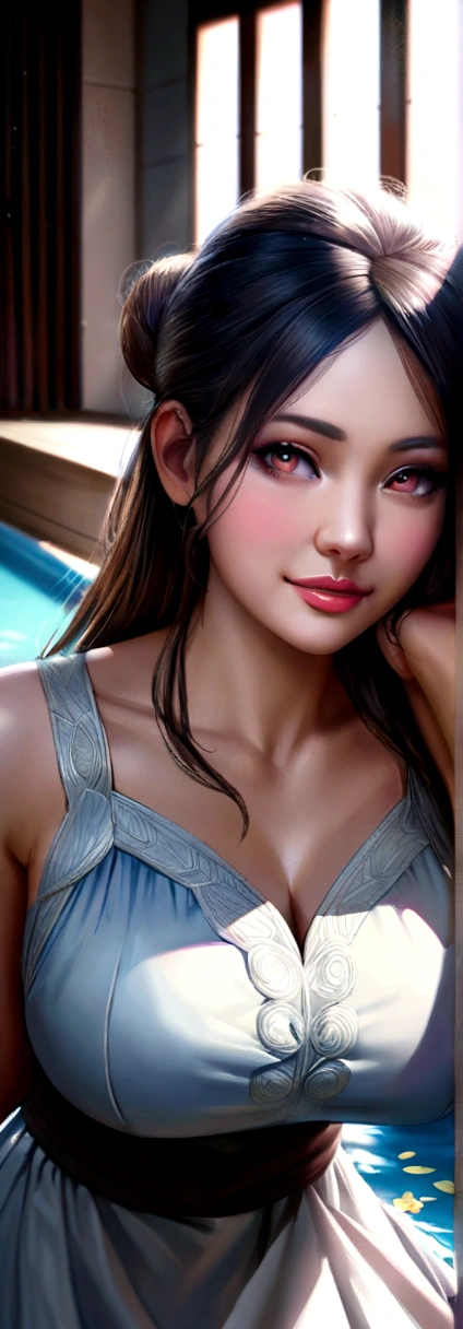 best quality,highres,ultra-detailed,realistic,photorealistic:1.37,portrait, intricate white long dress, ((modest dress)), standing, in middle of pool, wearing glasses,silver long hair,bun hair,smiling woman,close up to abs, ((large breast)), beautiful detailed eyes,beautiful detailed lips,flower petals on air, vivid colors,studio lighting,soft sunlight, happy face, shy, blushing, leaning back on chair