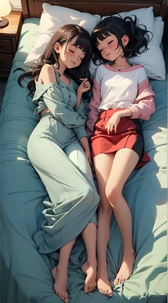 Cat and girl sleeping together on a bed, top view
