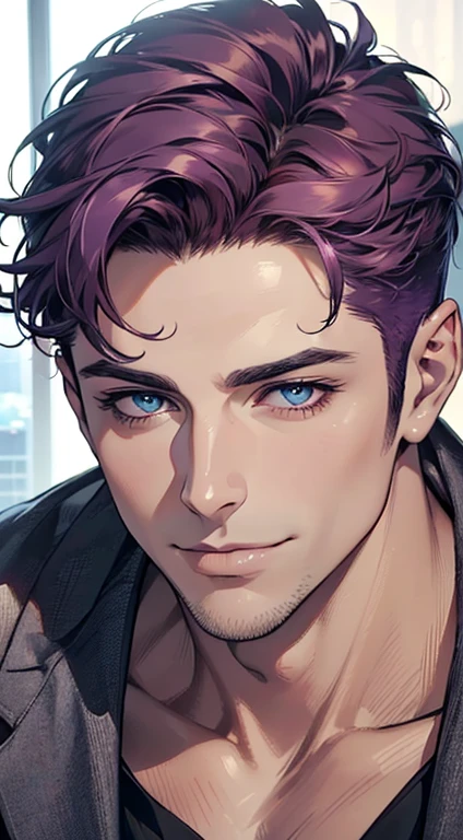 (best quality,4k,8k,highres,masterpiece:1.2),ultra-detailed,(realistic,photorealistic,photo-realistic:1.37),1 man,31 years old,mature man,very handsome,without expression,smile,short purple hair,blue eyes,penetrating gaze,perfect face without errors,imposing posture,businessman,office background,cinematic lighting,hdr image