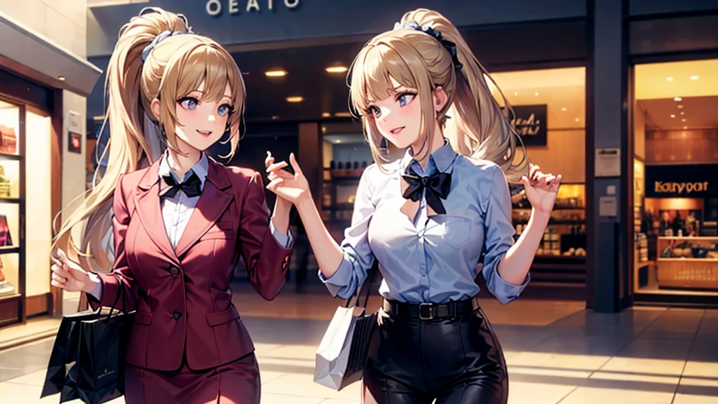 high resolution, top-quality, ultra-quality, The ultra-detailliert, perfect anatomy, perfect fingers, perfect eyes, perfect body, lighting like a movie, lips,( 1 girls), a beautiful young girls, (Kei Karuizawa ), blonde hair, ponytail hairstyles, violet eyes, wearing formal, walking in a mall. smirk on face, a bag with magazines, libero, light pink lipstick, happy looking, mall, carrying shopping bags, shopping, perfect hands