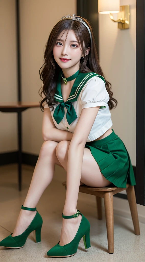 highest quality、table top、8k、best image quality、Award-winning work)、one beautiful woman、radiant beautiful skin , masterpiece、top-quality、The ultra -The high-definition、depth of fields、lens flare 1 girl、brown hair, watching at viewers glares, large breasts ( high heels), perfect legs, model pose, smiling , sailor senshi uniform, (green skirt:1.4), tiara, (green sailor collar:1.4), blue bow, green choker