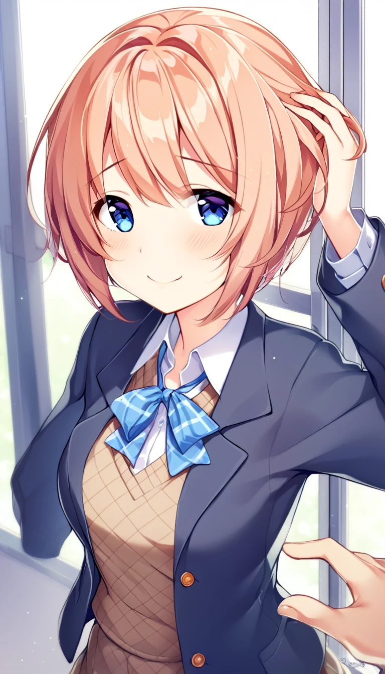 one girl, lovely, blazer, Sayori, my childhood friend, cute, short hair, blush, light blue eyes, cheerful girl, love me, girl is stroked her head, feel happiness, from above