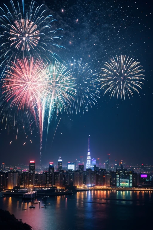 Highest quality、Landscape painting、firework、Neon lights in the city