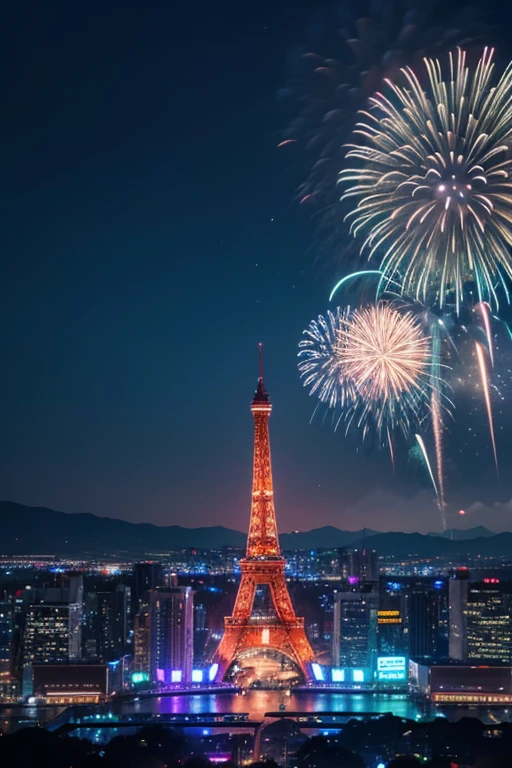 Highest quality、Landscape painting、firework、Neon lights in the city