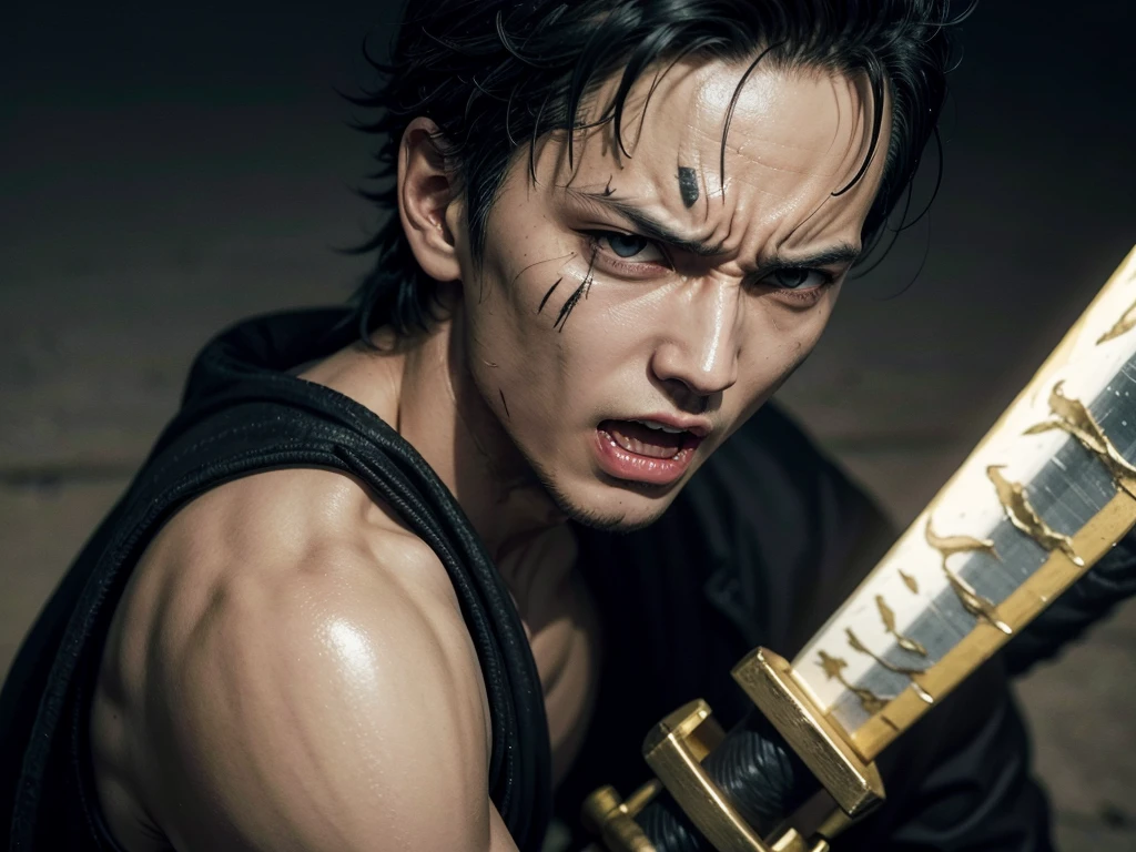 "Generate images of the character Roronoa Zoro from the anime One Piece with various different expressions (happy, serious, angry, focused) in a cinematic style. The images should prominently feature the character, showcasing details such as his swords and iconic outfit. Each image should capture a distinct emotion, with dramatic lighting and detailed backgrounds that complement each expression."