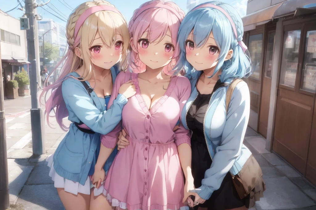 Modern city,Fluffy hair,Light blue hair,Blonde,Light pink hair,Headband,Braid,Autumn outfit,Short clothing that shows the buttocks,The sleeves of the dress are a little long,I can see a little cleavage,Moe sleeves,Date,Several people hugging each other,Embrace,watching each others eyes,Facing each other,blush with embarrassment,Happy expression,Hand in hand,Arms crossed,Flirting with a close-knit body