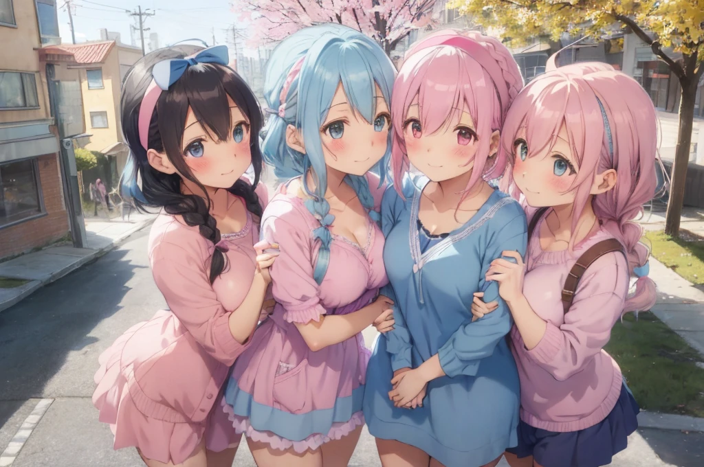 Modern city,Fluffy hair,Light blue hair,Blonde,Light pink hair,Headband,Braid,Autumn outfit,Short clothing that shows the buttocks,The sleeves of the dress are a little long,I can see a little cleavage,Moe sleeves,Date,Several people hugging each other,Embrace,watching each others eyes,Facing each other,blush with embarrassment,Happy expression,Hand in hand,Arms crossed,Flirting with a close-knit body