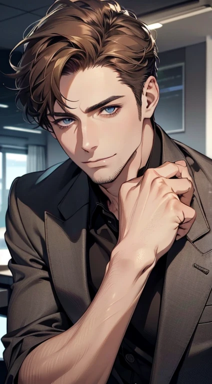 (best quality,4k,8k,highres,masterpiece:1.2),ultra-detailed,(realistic,photorealistic,photo-realistic:1.37),1 man,31 years old,mature man,very handsome,without expression,smile,short grey brown hair,blue eyes,penetrating gaze,perfect face without errors,imposing posture,businessman,office background,cinematic lighting,hdr image