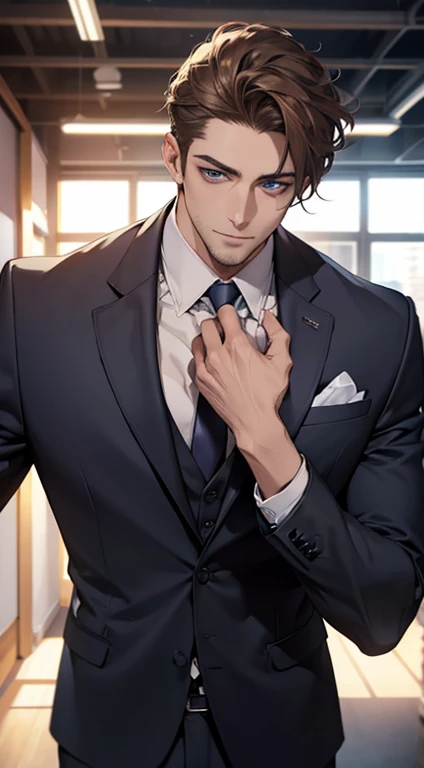 (best quality,4k,8k,highres,masterpiece:1.2),ultra-detailed,(realistic,photorealistic,photo-realistic:1.37),1 man,31 years old,mature man,very handsome,without expression,smile,short grey brown hair,blue eyes,penetrating gaze,perfect face without errors,imposing posture,businessman,office background,cinematic lighting,hdr image