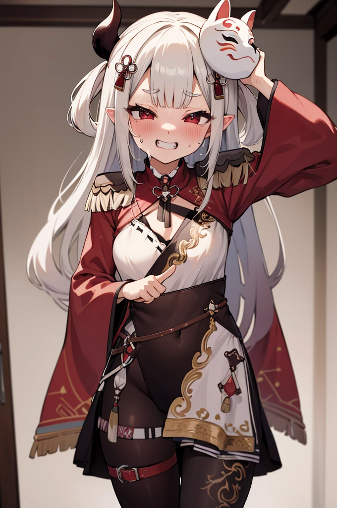 masterpiece, best quality, highres, hmnaa, hair ornament, mask on head, long sleeves, wide sleeves, epaulettes, black pantyhose, thigh strap, bell, cowboy shot, fang, indoor, peace sign,h,grin,nsfw,sweating,(trembling:1.2)