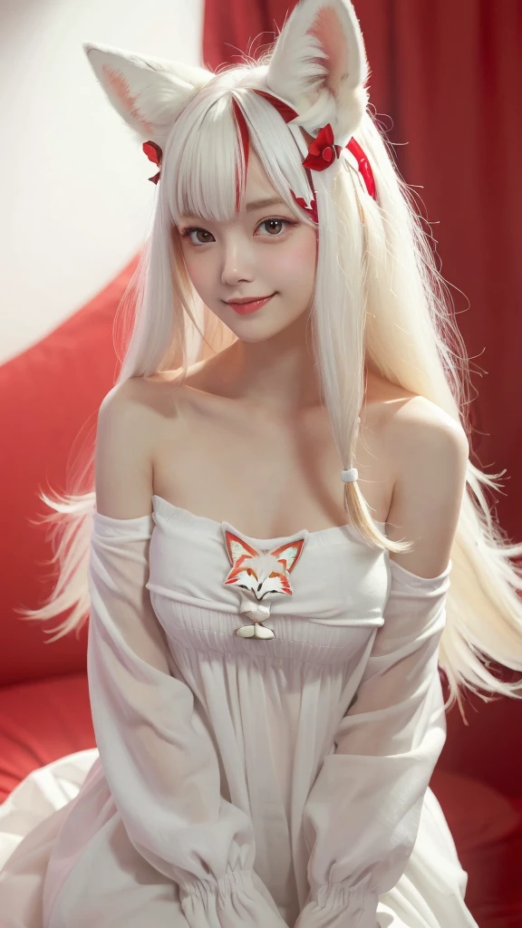 masterpiece, highest quality ,Full body photo、 Awareness-raising,1 perfect portrait of a girl, A fascinating eye for perfect detail, Colorful Hair, (red+White and soft hair:1.6), (White Fox Ears:1.3), Fantasy red background, {Sexy exposed bare shoulders} ,{Long-term alienation_sleeve}, {Lean forward slightly}, If you look up, hair ornaments, {shy },Please keep your mouth shut, Tilt your head, Cinema Lighting, Larger clothes, ((Seductive pose)), smile