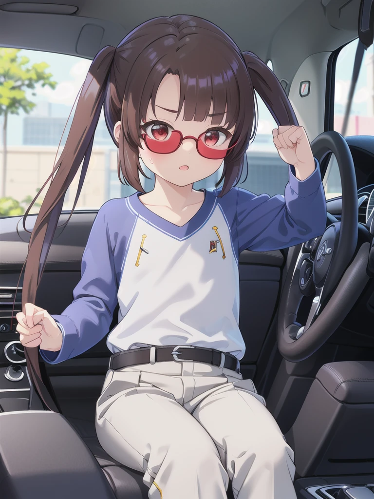 In the car,Convertible,Sitting,((Behind the wheel of a car)),Looking Ahead,driving,1 Girl, 独奏, Red eyes,sunglasses,, Twin tails, brown hair,crawling,((顔 focus)),upper body,White long sleeve shirt,Grey slacks, bangs, eyebrows visible through hair, Flat Chest, 
