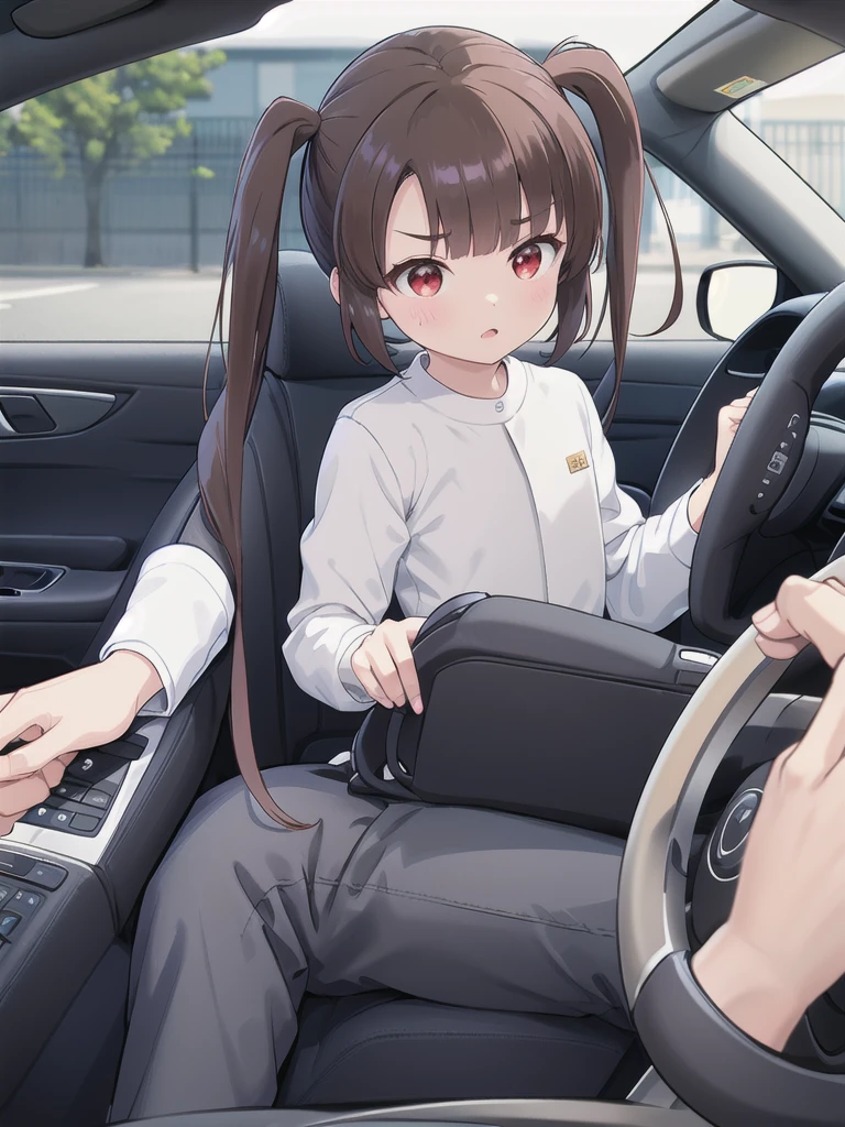 In the car,Convertible,Sitting,((Behind the wheel of a car)),Looking Ahead,driving,1 Girl, 独奏, Red eyes,sunglasses,, Twin tails, brown hair,crawling,((顔 focus)),upper body,White long sleeve shirt,Grey slacks, bangs, eyebrows visible through hair, Flat Chest,