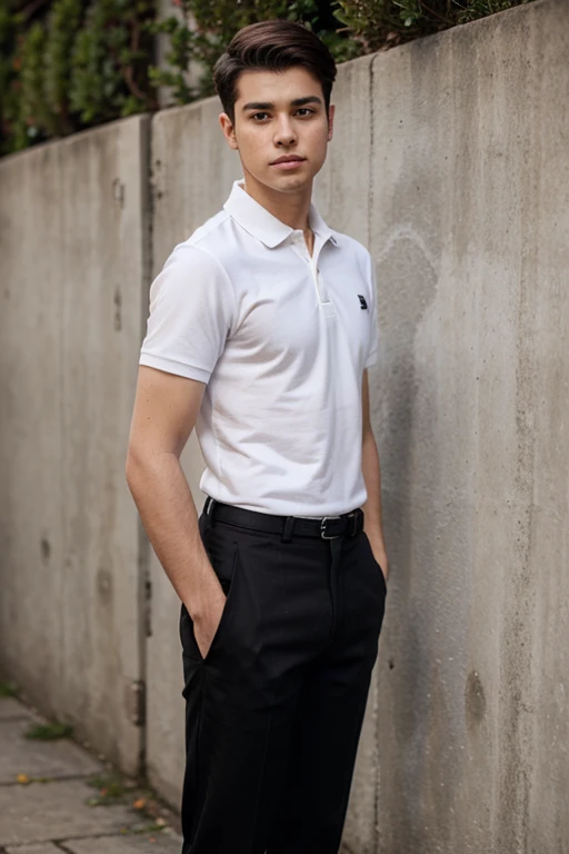 Male Young adult wearing a short sleeve white polo shirt tucked in black trousers  full body 