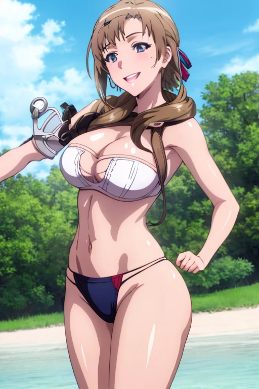 masterpiece, best quality, beautiful art, high resolution, well formed hands, body and fingers, 1 woman, solo, Mamako Oosuki, adult, big breasted, cleavage, hair ribbon, wearing a Leina Vance outfit, loin cloth, full body picture, sexy and skimpy bikini armor, gorgeous hips, legs and thighs , doing exercise, warming up, working out, sexy and captivating training, smiling joyfully and happily , looking at the viewer, panties peek, sweating , bouncing breasts, t back thong, training montage session, beach environment