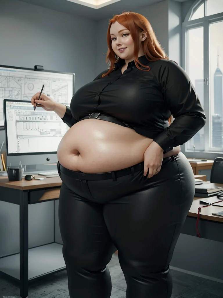 A happy/excited and detailed photo of a Beautiful ginger architect SSBBW, with long wavy ginger hair, with big soft fat belly, thicc fat arms, thicc wide legs, big breast, in long black pants, long black shirt tucked in her pants, black belt, in her new modern architect office with a lot of building models and house blueprints, building blueprints on walls, huge window