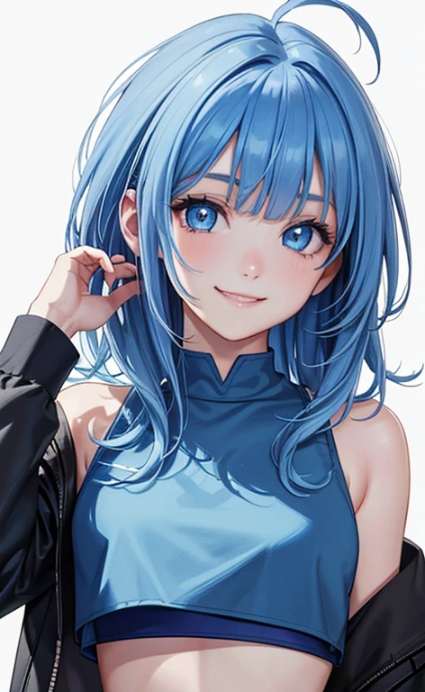 (Face:1.5)、(masterpiece:1.5、Photorealistic:1.4,anime coloring:1.4、high resolution:1.4)、,(spot light:1.2、Exquisite beautiful eye:1.5,)、(stand:1.5)、(messy hair:1.5)、(upper body:1.5)、
(kind eyes、tareme:1.4),()、(Cute Face)、(blue hair:1.5)、(middle hair:1.5),(sidelock :1.6),(blunt bangs:1.3),(1 girl)、(blue eyes:1.2)、(light smile:1.5),(Face:1.5)、(solo)、(Face up:1.5) ,(),(small breasts),(),(crop top:1.5),()、()、()、Slim Body(),Shiny Hair、
