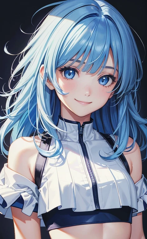 (Face:1.5)、(masterpiece:1.5、Photorealistic:1.4,anime coloring:1.4、high resolution:1.4)、,(spot light:1.2、Exquisite beautiful eye:1.5,)、(stand:1.5)、(messy hair:1.5)、(upper body:1.5)、
(kind eyes、tareme:1.4),()、(Cute Face)、(blue hair:1.5)、(middle hair:1.5),(sidelock :1.6),(blunt bangs:1.3),(1 girl)、(blue eyes:1.2)、(light smile:1.5),(Face:1.5)、(solo)、(Face up:1.5) ,(),(small breasts),(),(crop top:1.5),()、()、()、Slim Body(),Shiny Hair、