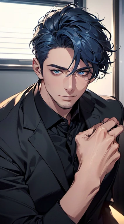 (best quality,4k,8k,highres,masterpiece:1.2),ultra-detailed,(realistic,photorealistic,photo-realistic:1.37),1 man,31 years old,mature man,very handsome,without expression,smile,short blue hair,blue eyes,penetrating gaze,perfect face without errors,imposing posture,businessman,office background,cinematic lighting,hdr image