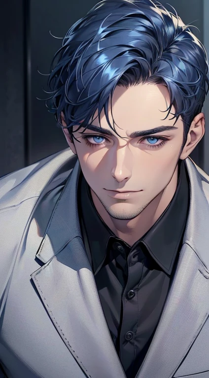 (best quality,4k,8k,highres,masterpiece:1.2),ultra-detailed,(realistic,photorealistic,photo-realistic:1.37),1 man,31 years old,mature man,very handsome,without expression,smile,short blue hair,blue eyes,penetrating gaze,perfect face without errors,imposing posture,businessman,office background,cinematic lighting,hdr image