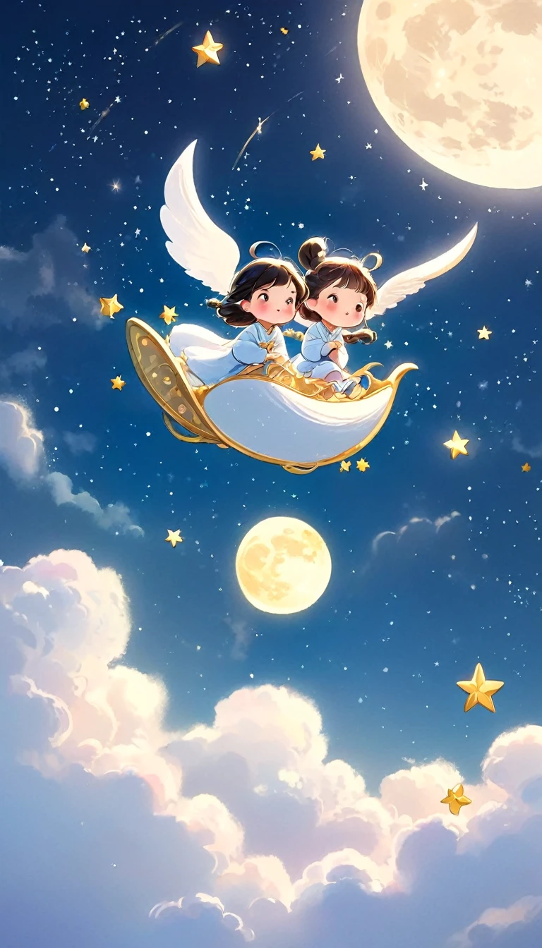 Close-up shot of cartoon characters flying in the sky, a storybook illustration by Ni Duan, tumblr, Digital art, cute Digital art, cute illustration, in the moon, Lovely digital painting, the Moon and stars, dreamy illustration, illustration, to the moon, Moon and stars, illustration!, a beautiful artwork illustration, cute detailed Digital art, lovely artwork