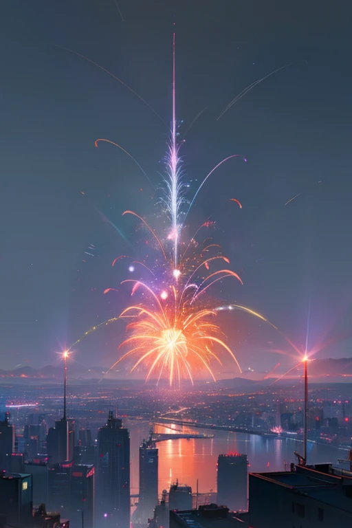 Highest quality、Landscape painting、firework、Neon lights in the city