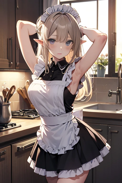 A maid, (in kitchen), various hair styles, night, details face, short skirt, seducing, sleeveless, maid uniform, armpits, elf