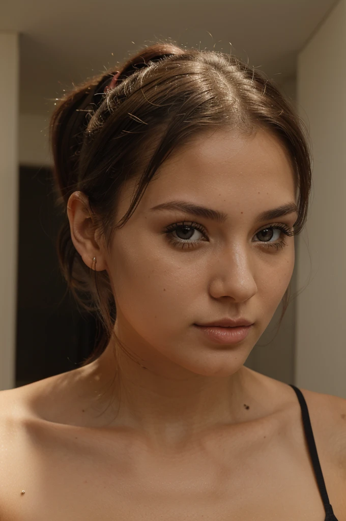 Photo of 1 beautiful 23 year old girl. Close-up of face. hair tied up in a ponytail