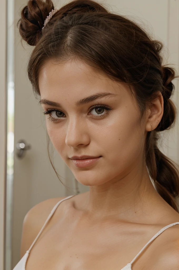 Photo of 1 beautiful 23 year old girl. Close-up of face. hair tied up in a ponytail