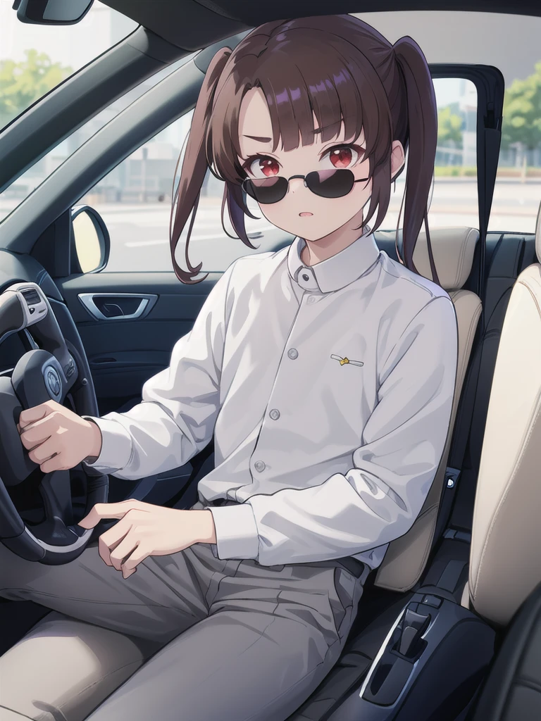 In the car,Convertible,Sitting,((Behind the wheel of a car)),Looking Ahead,driving,1 Girl, 独奏, Red eyes,sunglasses,, Twin tails, brown hair,crawling,((顔 focus)),upper body,White long sleeve shirt,Grey slacks, bangs, eyebrows visible through hair, Flat Chest,