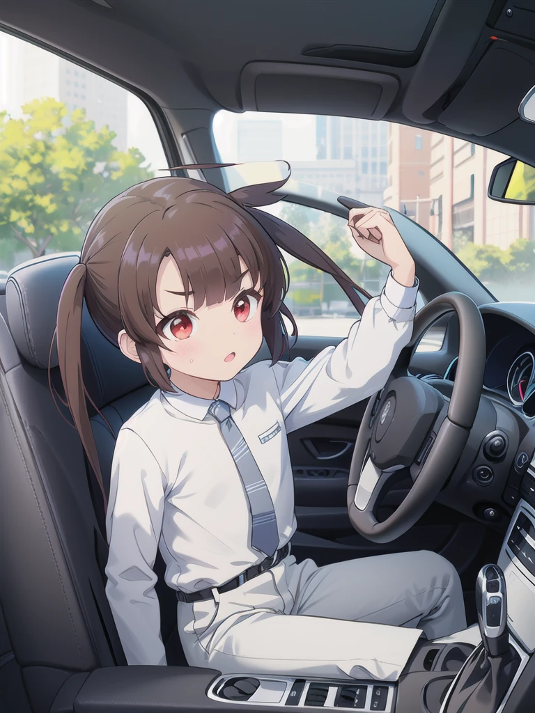 In the car,Convertible,Sitting,((Behind the wheel of a car)),Looking Ahead,driving,1 Girl, 独奏, Red eyes,sunglasses,, Twin tails, brown hair,crawling,((顔 focus)),upper body,White long sleeve shirt,Grey slacks, bangs, eyebrows visible through hair, Flat Chest,