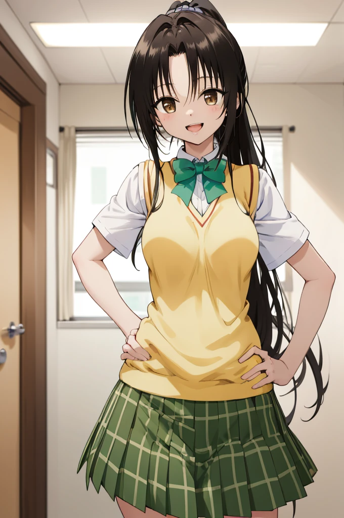 masterpiece, best quality, highres, 1girl, solo, long hair, black hair, ponytail, parted bangs, brown eyes, , green bowtie, white shirt, short sleeves, sweater vest, yellow vest, plaid skirt, green skirt, hands on hips, smile, open mouth, indoors,huge breasts