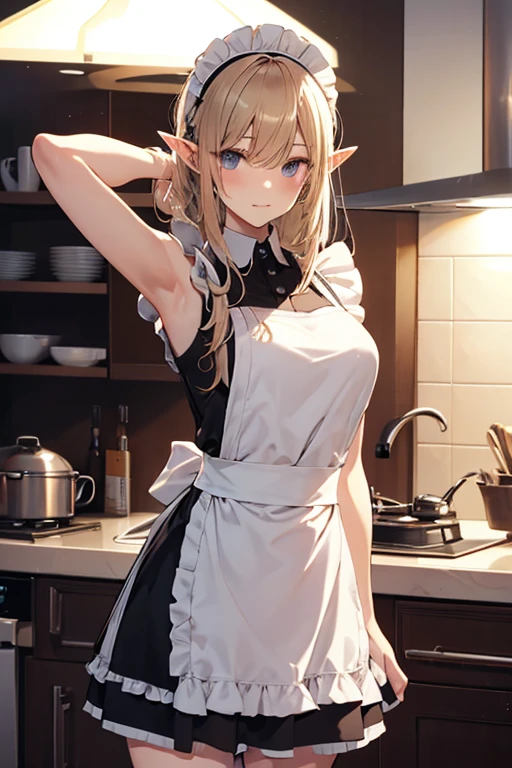 A maid, (in kitchen), various hair styles, night, details face, short skirt, seducing, sleeveless, maid uniform, armpits, elf