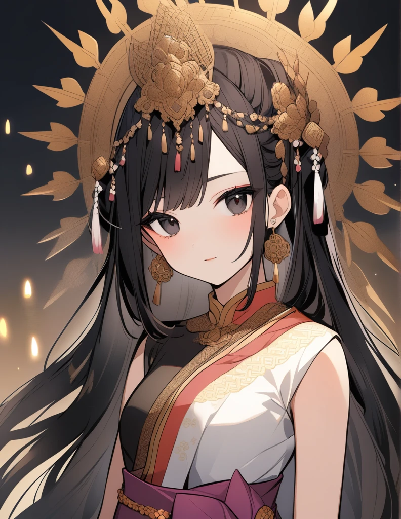 Beautiful black-haired girl She is beautiful. Beautiful hair, black eyes, all visible. She wears traditional Thai clothing.