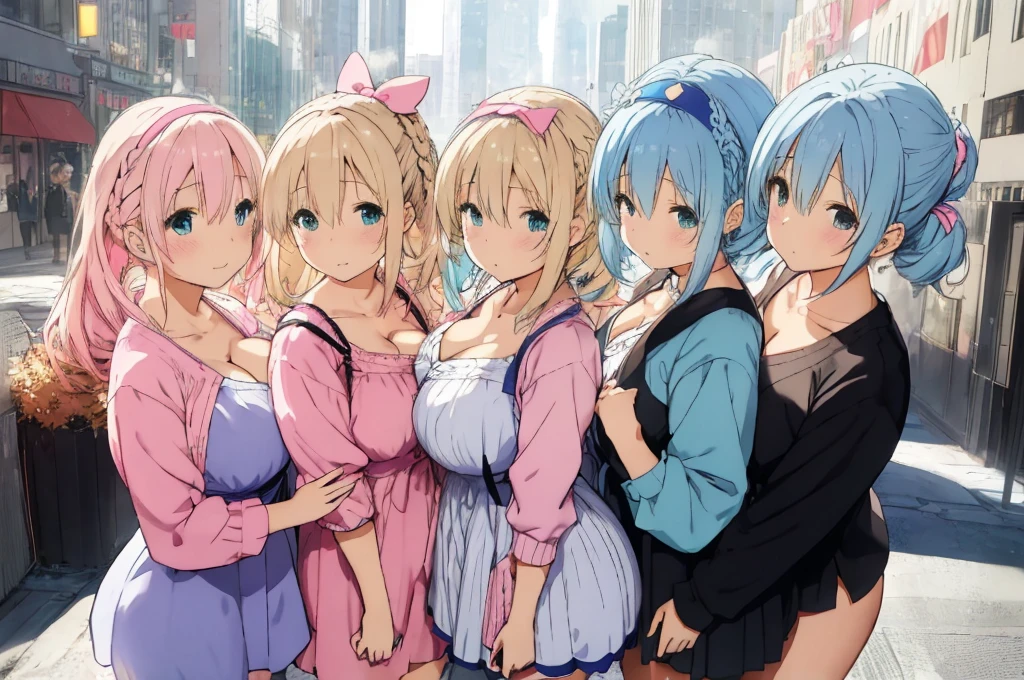 Modern city,Fluffy hair,Light blue hair,Blonde,Light pink hair,Headband,Braid,Autumn outfit,Short clothing that shows the buttocks,The sleeves of the dress are a little long,I can see a little cleavage,Moe sleeves,Date,Several people hugging each other,Embrace,watching each others eyes,Facing each other,blush with embarrassment,Happy expression,Hand in hand,Arms crossed,Flirting with a close-knit body