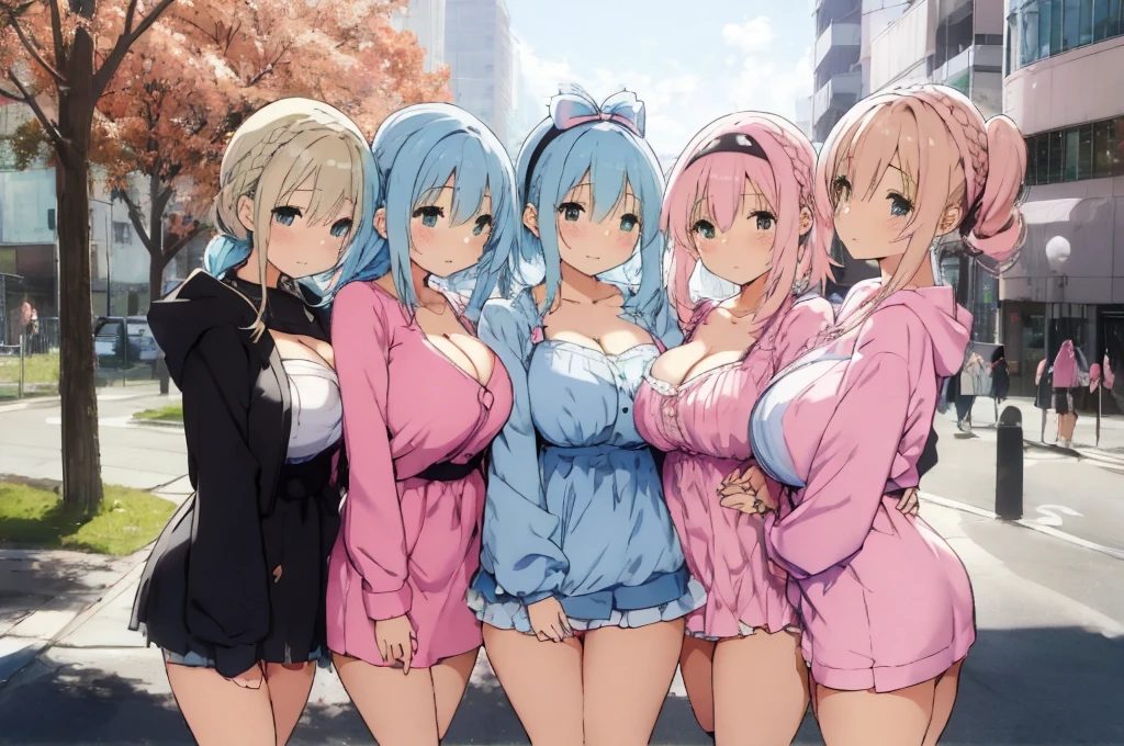 Modern city,Fluffy hair,Light blue hair,Blonde,Light pink hair,Headband,Braid,Autumn outfit,Short clothing that shows the buttocks,The sleeves of the dress are a little long,I can see a little cleavage,Moe sleeves,Date,Several people hugging each other,Embrace,watching each others eyes,Facing each other,blush with embarrassment,Happy expression,Hand in hand,Arms crossed,Flirting with a close-knit body