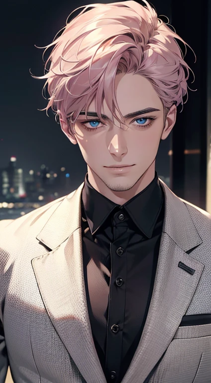 (best quality,4k,8k,highres,masterpiece:1.2),ultra-detailed,(realistic,photorealistic,photo-realistic:1.37),1 man,31 years old,mature man,very handsome,without expression,smile,short grey pink hair,blue eyes,penetrating gaze,perfect face without errors,imposing posture,businessman,office background,cinematic lighting,hdr image