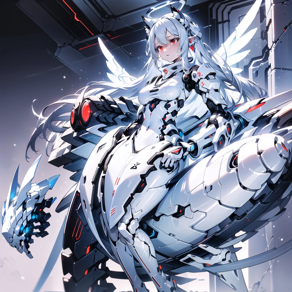 masterpiece, highest quality, highest resolution, clear_image, detailed details, White hair, long hair, cat ears, 1 girl, red eyes, sci-fi dress, white scarf (white scarf around the neck with a light blue glow), gray futuristic halo (gray halo over the head), white wings (6 wings), cute, full body, no water marks, snow, normal ears. white dragon