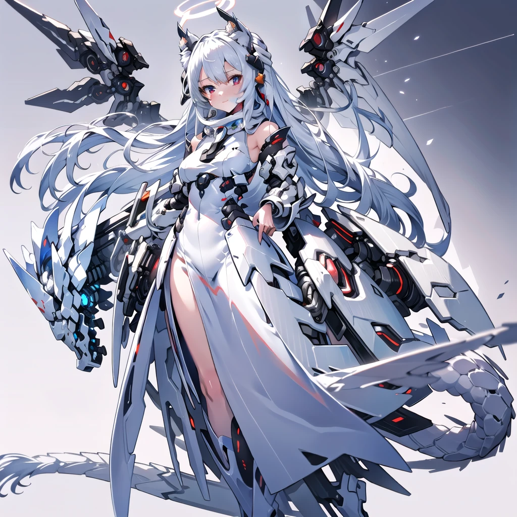 masterpiece, highest quality, highest resolution, clear_image, detailed details, White hair, long hair, cat ears, 1 girl, red eyes, sci-fi dress, white scarf (white scarf around the neck with a light blue glow), gray futuristic halo (gray halo over the head), white wings (6 wings), cute, full body, no water marks, snow, normal ears. white dragon