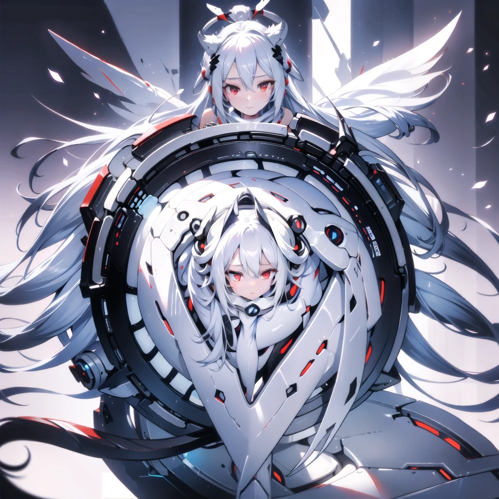 masterpiece, highest quality, highest resolution, clear_image, detailed details, White hair, long hair, cat ears, 1 girl, red eyes, sci-fi dress, white scarf (white scarf around the neck with a light blue glow), gray futuristic halo (gray halo over the head), white wings (6 wings), cute, full body, no water marks, snow, normal ears. white dragon